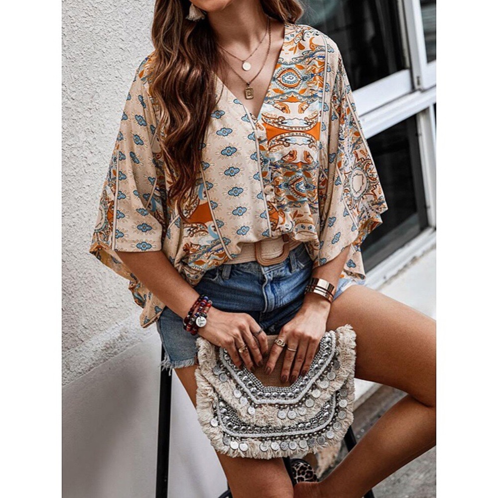 🍑 BOHO APRICOT MULTI ABSTRACT PRINT LOOSE FIT TOP! - Picture 1 of 7